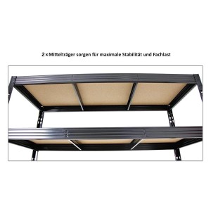 Detailansicht: Schwarzes PROREGAL Schwerlastregal Rhino mit Spanplatten-Ebenen und Mittelträgern.
