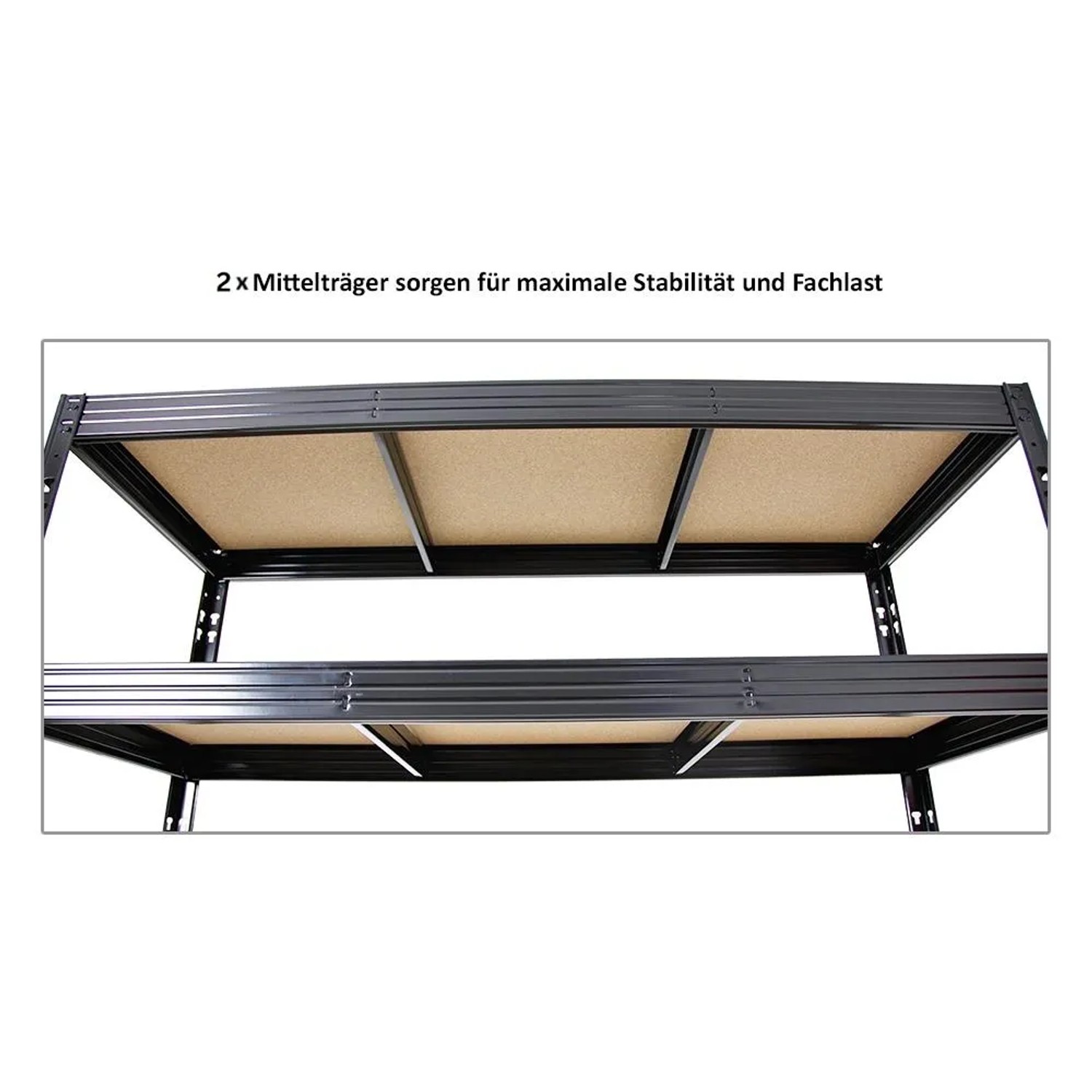 Detailansicht: Schwarzes PROREGAL Schwerlastregal Rhino mit Spanplatten-Ebenen und Mittelträgern.