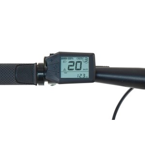 Nahaufnahme des LCD-Displays am Lenker des Prophete Urbanicer 2.0 E-Bikes, das Geschwindigkeit und Akkustand anzeigt.