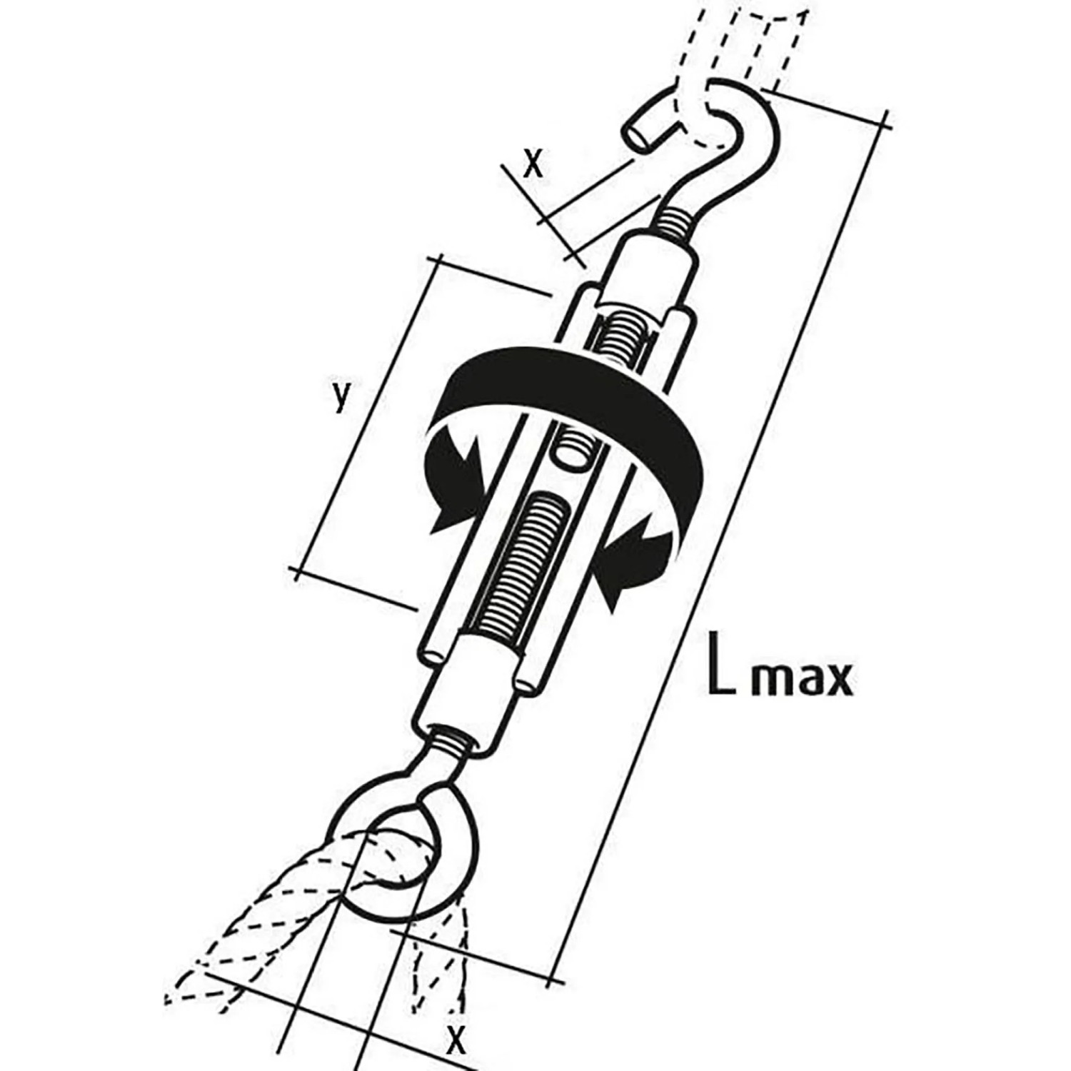 Technisches Diagramm: Conacord Spannschloss aus verzinktem Stahl mit Haken und Öse, 150 mm Länge.