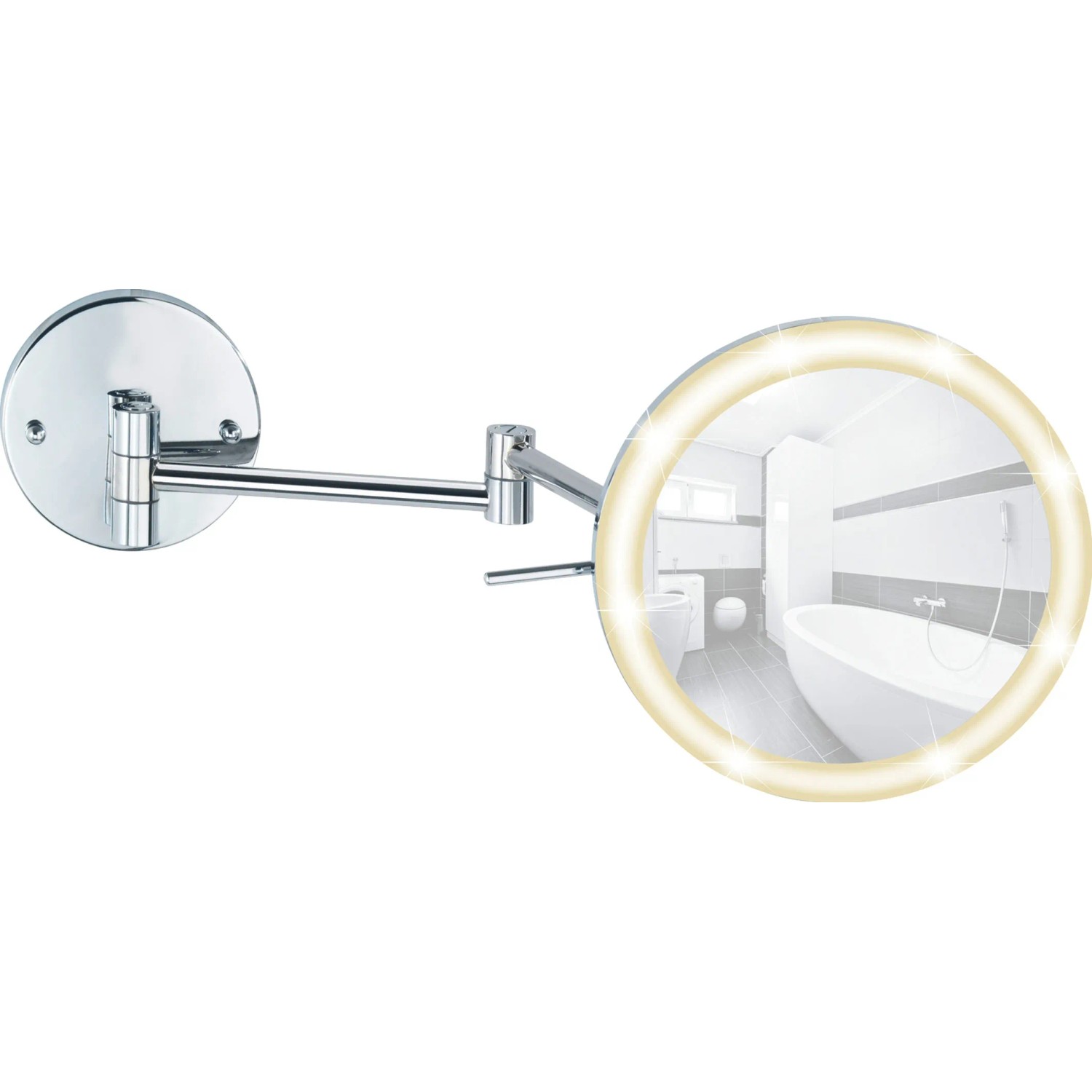Wenko Power-Loc LED Kosmetikspiegel Aura zur Wandmontage, mit Chrom-Optik und LED-Beleuchtung.