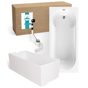 Calmwaters Duschbadewanne 180x80 cm mit Wannenträger, Ablaufgarnitur und Verpackungskarton.