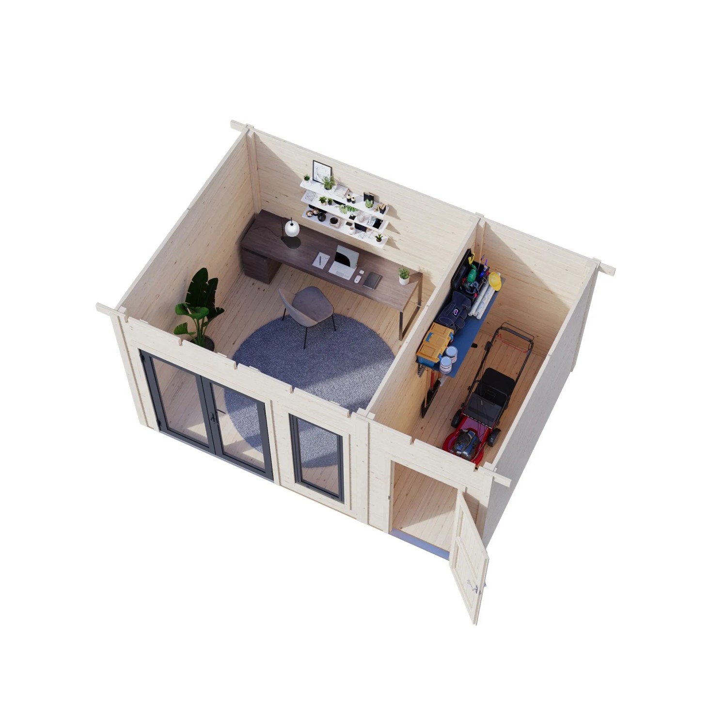 Palmako Holz-Gartenhaus mit Pultdach, unbehandelt, 436x300 cm, Innenansicht mit Büro und Lagerraum.