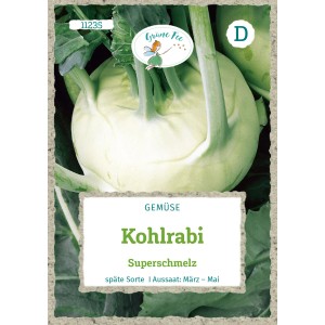 Saatgutpackung Grüne Fee Kohlrabi Superschmelz, hellgrüne Knolle mit Blattwerk.