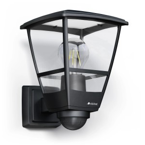 Schwarze Steinel Außenleuchte L 10 S mit Sensor und klarem Glas im nostalgischen Design.