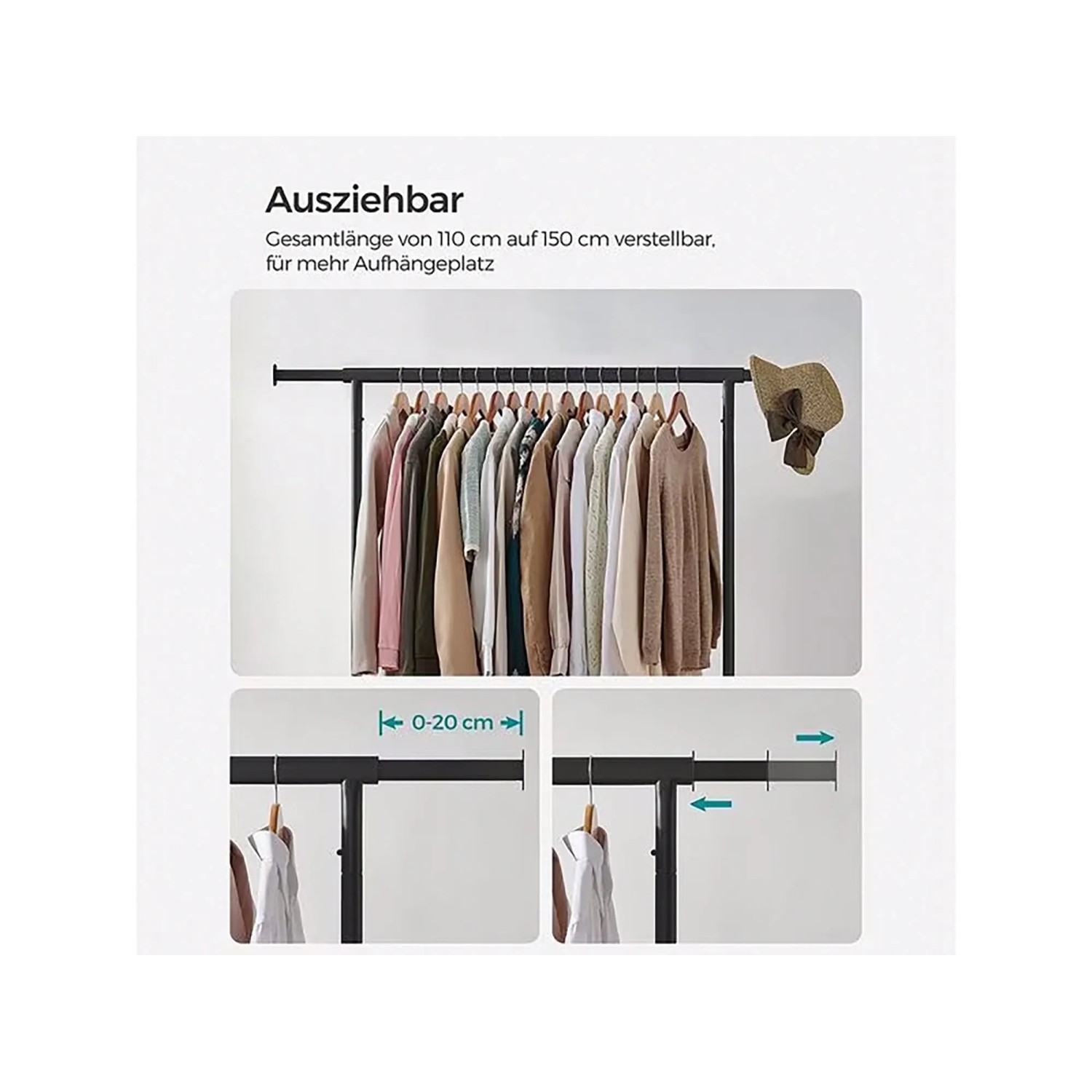 Schwarzer, ausziehbarer Songmics Kleiderständer mit Kleidung und Hut.