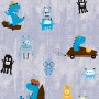Vliestapete mit Dinosaurier- und Monster-Motiven in Blau und Gelb für das Kinderzimmer.