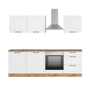 Küchenzeile Kempten 240 cm in Wotan Eiche/Weiß mit E-Geräten wie Herd, Spüle und Dunstabzugshaube.