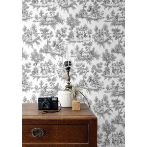 ESTAhome Tapete Toile De Jouy Schwarz, florales Muster, Landhausstil. Dekorative Vliestapete für Wohnräume.