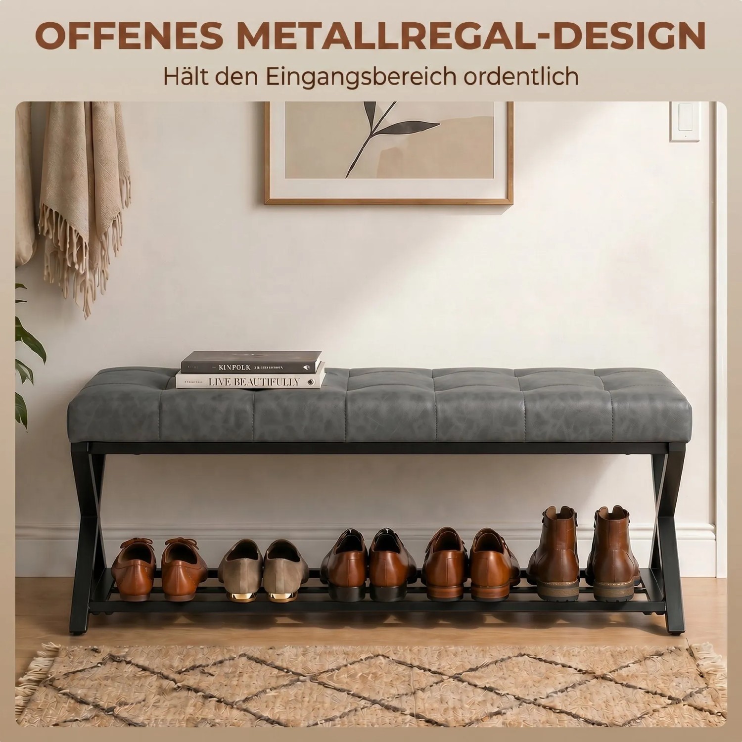Dunkelgraue HOMCOM Schuhbank aus Kunstleder mit gepolstertem Sitz und Metallregal für Schuhe im Eingangsbereich.
