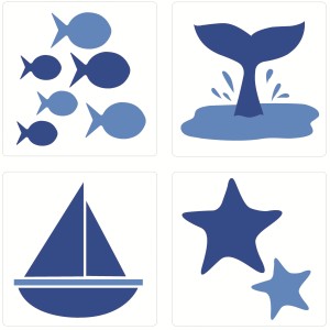 Fliesen Sticker Meer: Set mit Motiven wie Fische, Walflosse, Segelboot und Seestern.