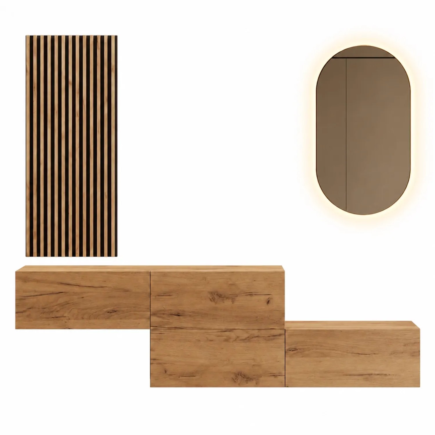Planetmöbel Flurgarderobe Set 2 x 140 cm Gold Eiche mit Wandpaneel und LED Spiegel Dimmbar