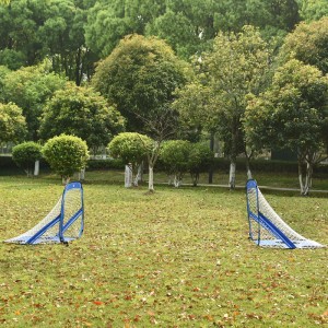 Zwei blaue Pop-Up Fußballtore mit weißen Netzen auf grüner Wiese. HOMCOM Tor für Spiel & Spaß.