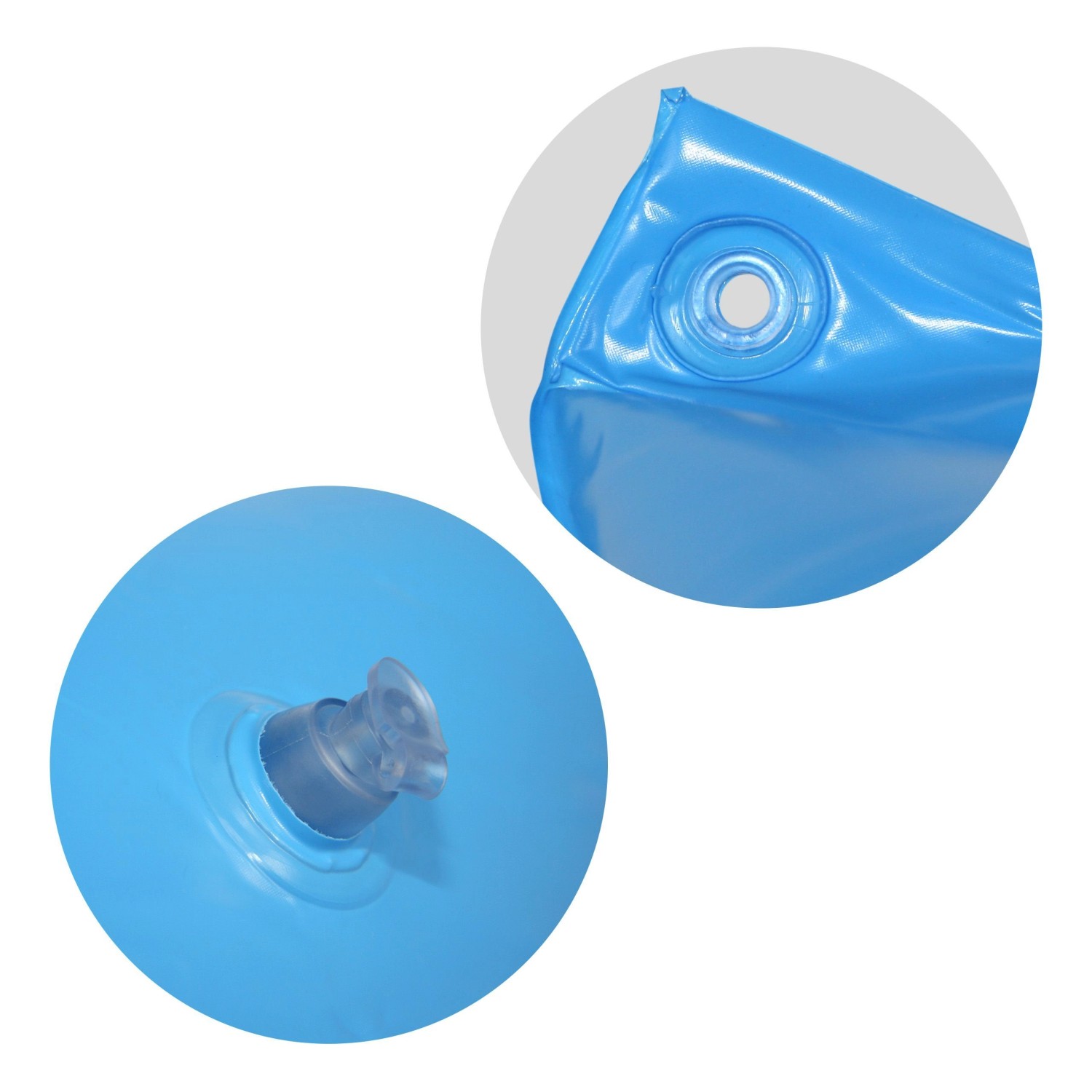 Detailaufnahme: Blaues Pool Winter Luftkissen mit Ventil und Öse für Abdeckplanen.