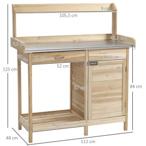 Heller Outsunny Pflanztisch aus Naturholz mit Metallplatte, Schublade, Schrank und offenen Ablagen.