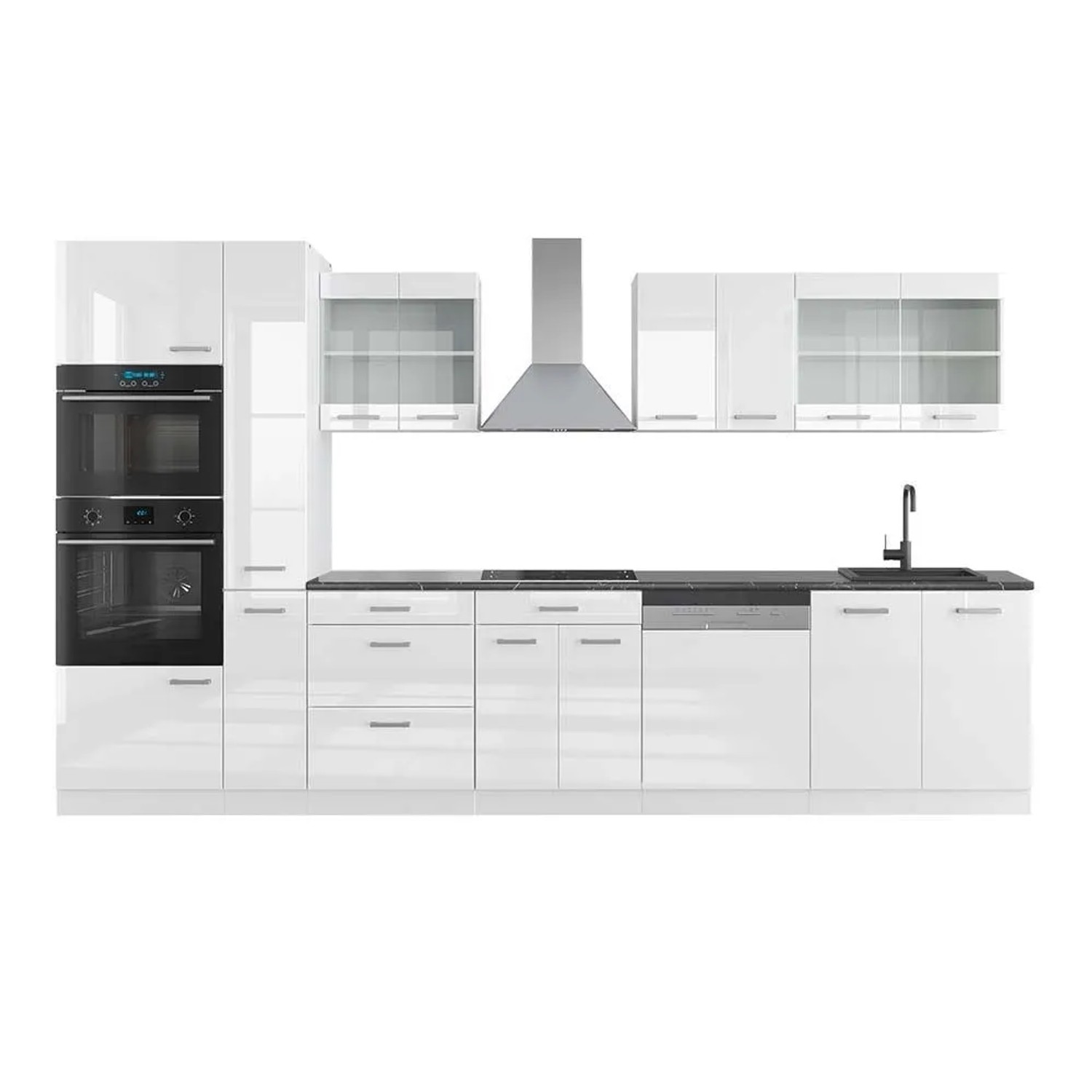 Vicco R-Line Küchenzeile Weiß Hochglanz Weiß 350 cm mit HochschrankAP Anthrazit ohne E-Geräte