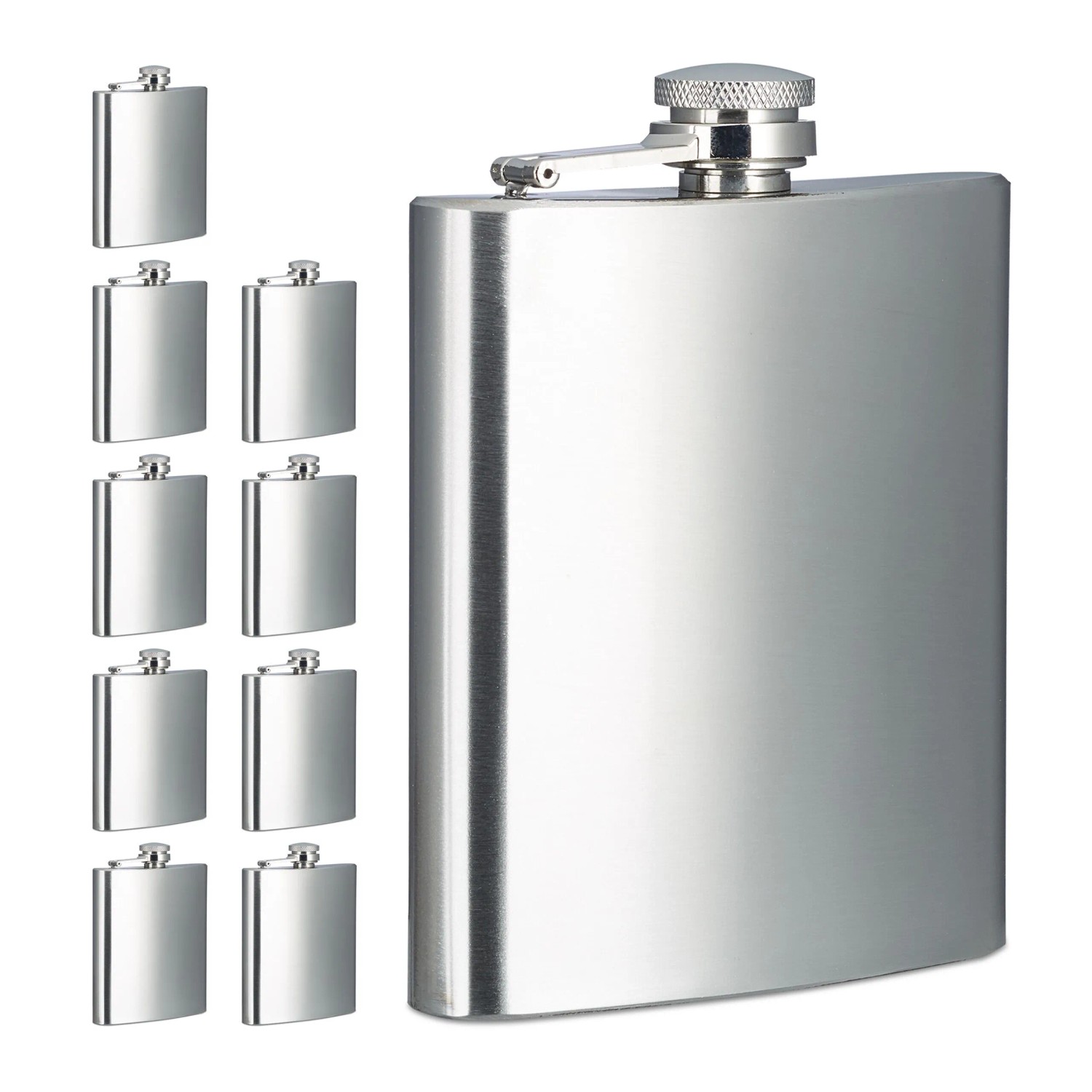 Relaxdays Flachmann 10er Set Edelstahl Silber Geschmacksneutral 12,5 cm x 9,5 cm x 2 cm 200 ml
