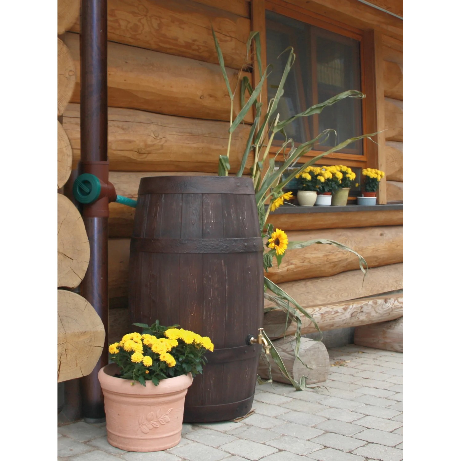 Arves Regentonne Barrique 250 l, dunkelbraune Regentonne in Holzfassoptik vor Holzwand.