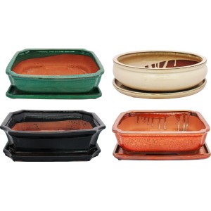Bonsai-Schalen Set: Keramik Pflanzschalen in Grün, Beige, Schwarz und Orange mit Untersetzer.