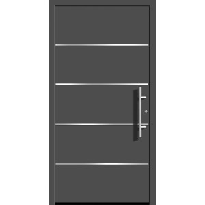 Moderne anthrazitfarbene Aluminium-Haustür mit Edelstahl-Applikationen und Griff.