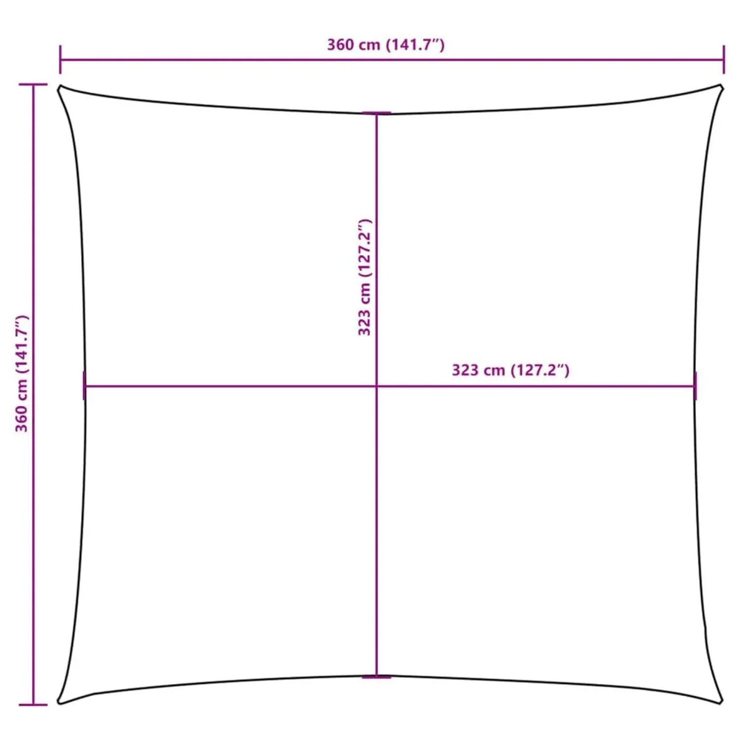 Maßzeichnung: vidaXL quadratisches Sonnensegel 3,6x3,6 m. Außen- und Innenmaße dargestellt.