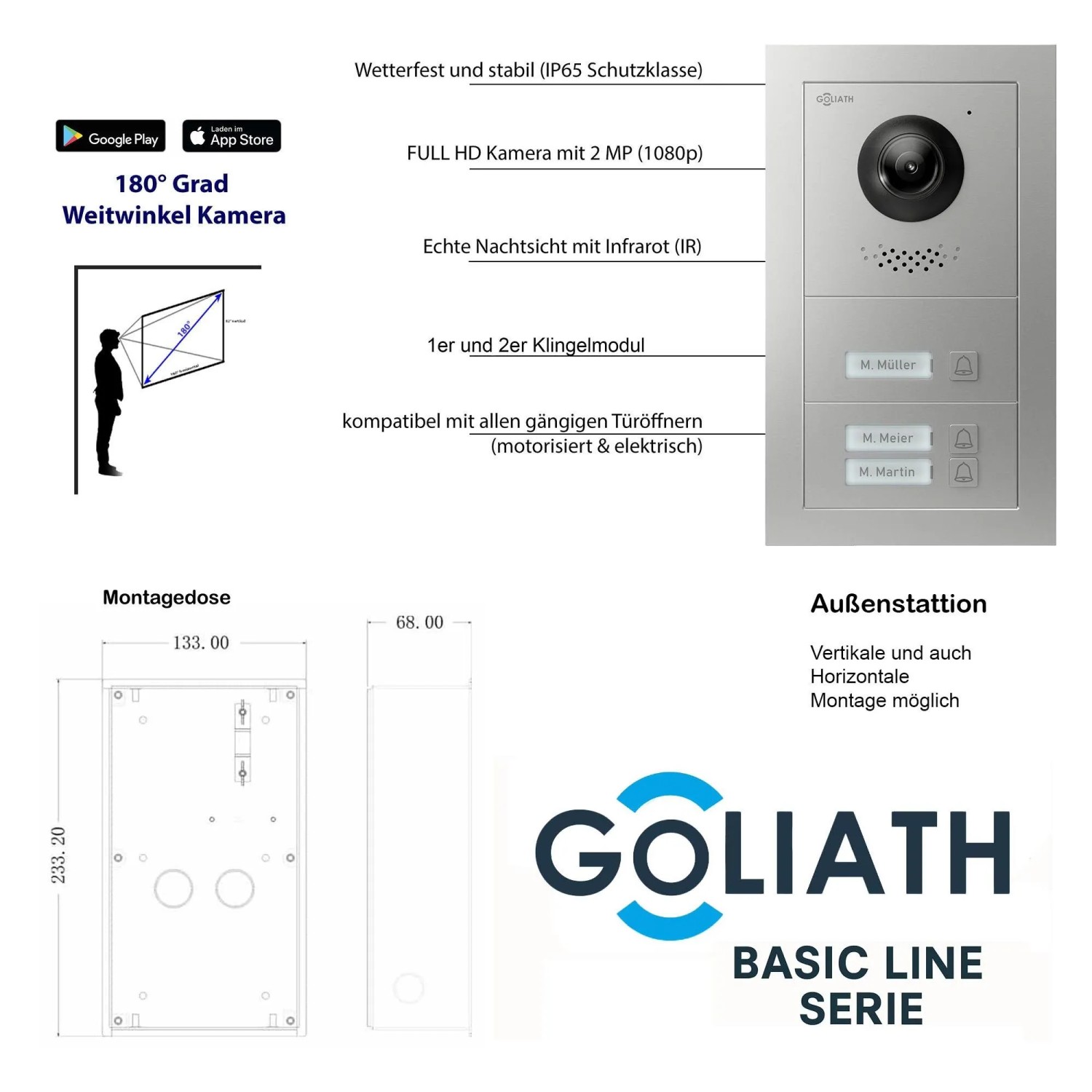 Goliath Basic Line 3-Familienhaus Video Türsprechanlage Monitor Weiß - Silber Ausenstation Unterputzdose_3