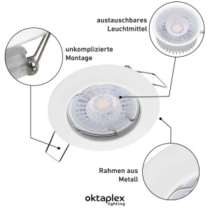 Oktaplex LED Einbaustrahler Sedan 3er Set, dimmbar, warmweiß, weiß. Deckenspot Details.