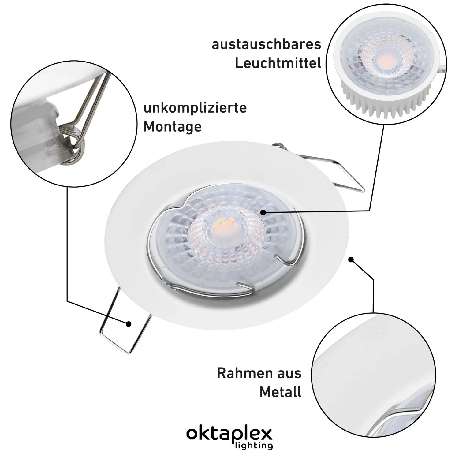 Oktaplex LED Einbaustrahler Sedan 3er Set, dimmbar, warmweiß, weiß. Deckenspot Details.