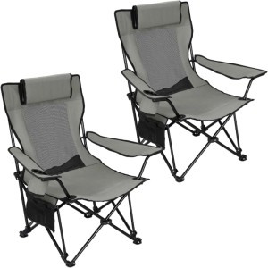 Zwei graue WOLTU Campingstühle, faltbar, mit schwarzem Netzrücken, Kopfstütze, Armlehnen und Becherhalter. Robustes 2er-Set Klappstühle.
