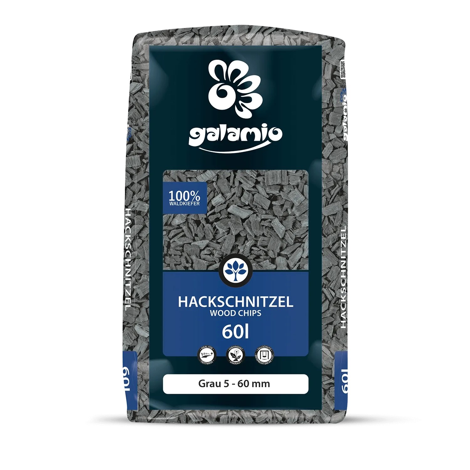 Graue Galamio Holzhackschnitzel 60l im Sack, Körnung 5-60 mm, als Mulch für Garten und Beete.