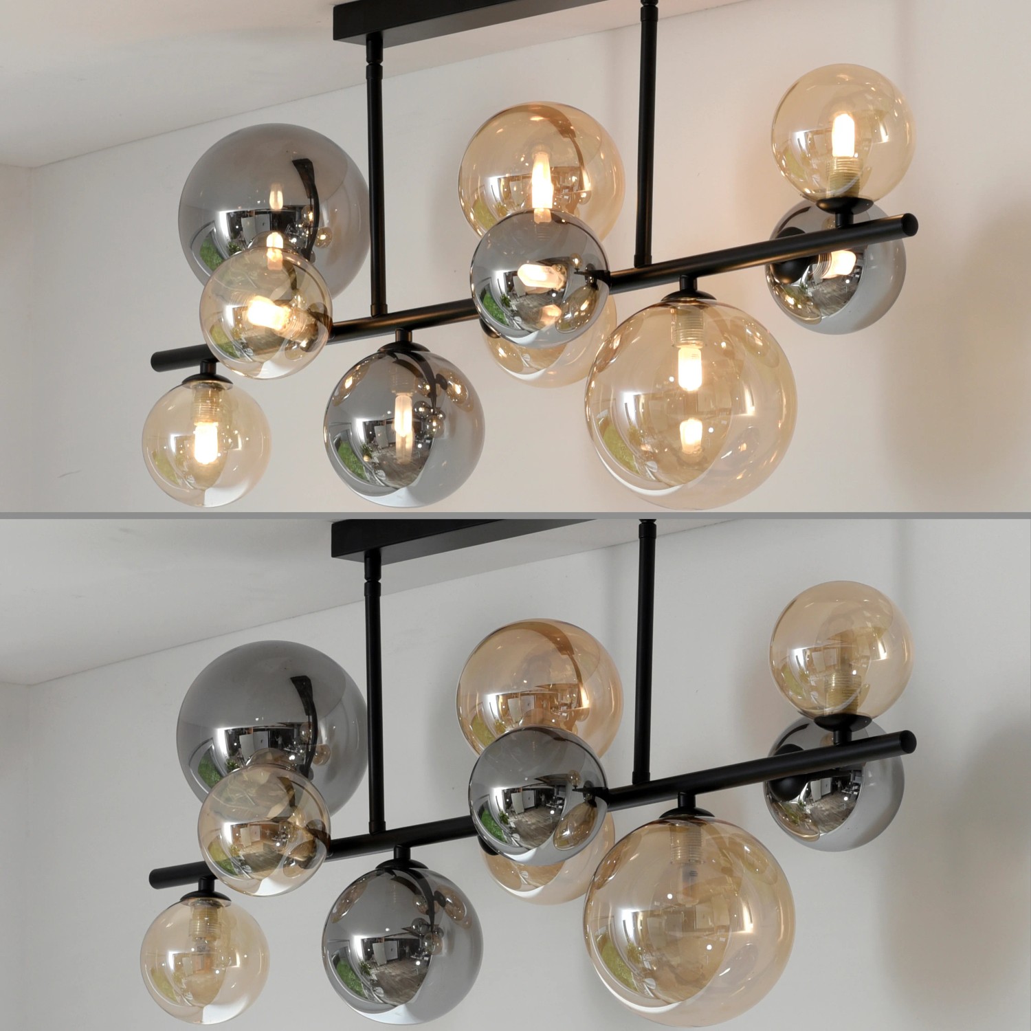 Paul Neuhaus Deckenleuchte Popsicle, 10-flammig, schwarz mit Amber- und Rauchgläsern.