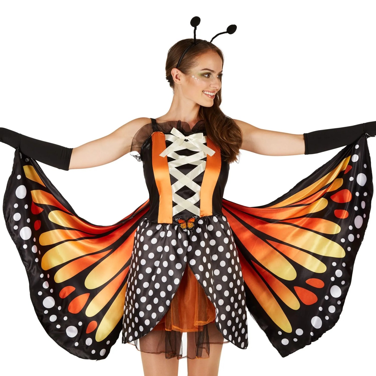 Frauenkostüm Schmetterling Großer Feuerfalter mit Flügeln, Kleid, Handschuhen und Fühlern