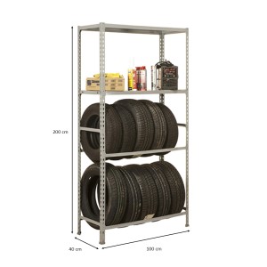 Graues PROREGAL Reifenregal Metal Shark mit 2 Ablagen für 12 Reifen, 200x100x40 cm.