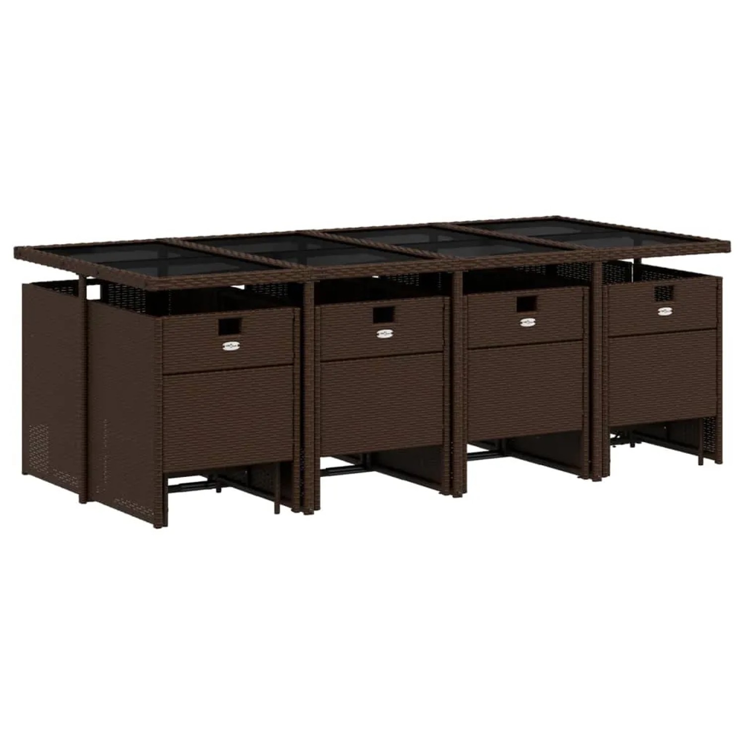 Braune 13-tlg. vidaXL Garten-Essgruppe aus Polyrattan mit Glasplatte und Kissen.