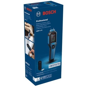 Verpackung des Bosch Professional GMP 2-15 Materialfeuchtemessgerät mit Zubehör.
