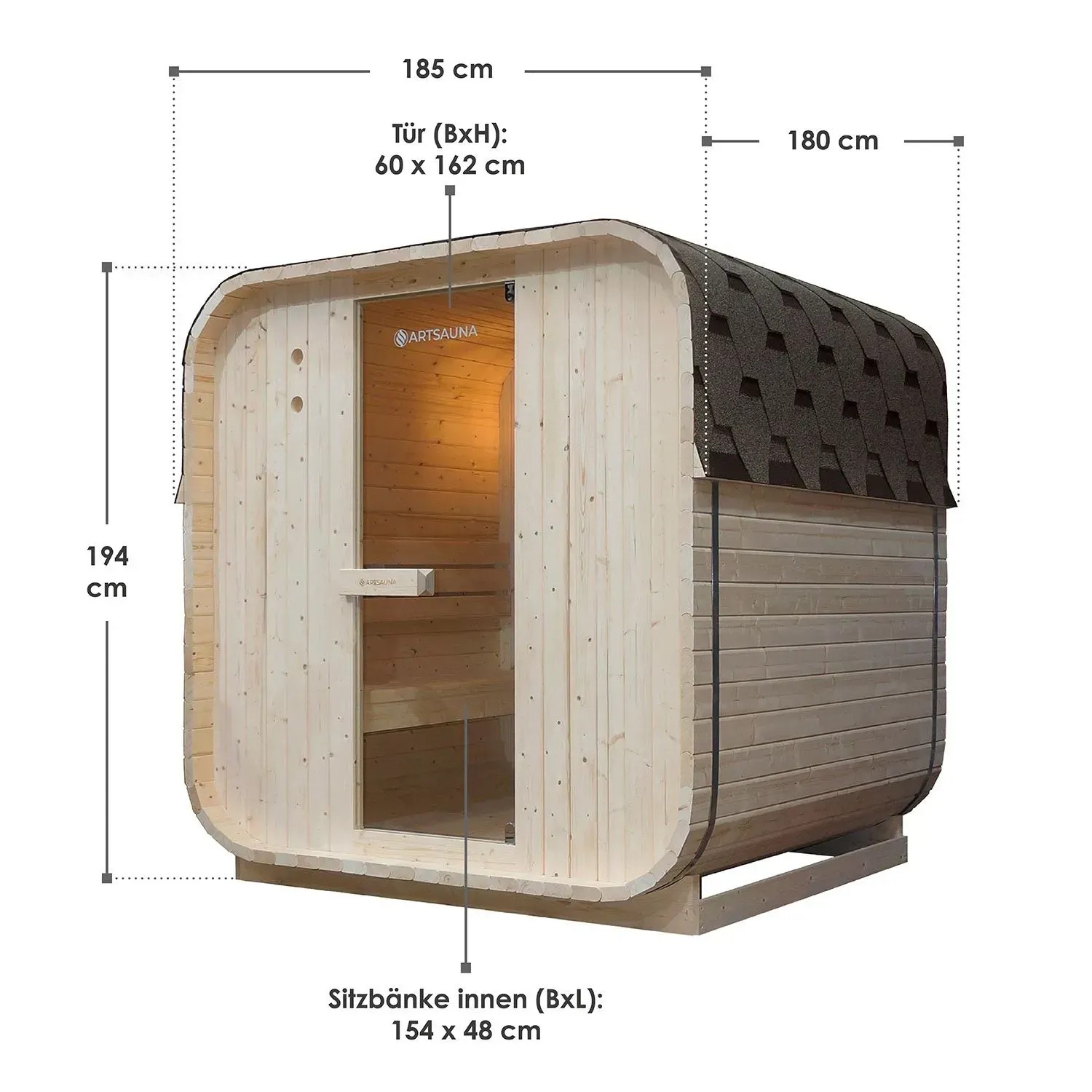 Artsauna Cube Fasssauna Nolvik L: Quadratische Gartensauna aus Fichte mit Dachschindeln und Maßangaben.