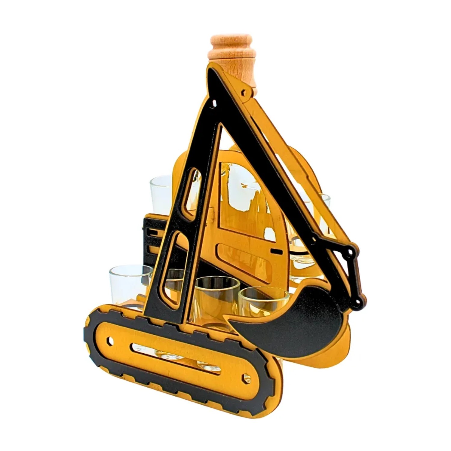 Holz Bagger Geschenkset mit 6 Schnapsgläsern und Karaffe. Gelber Dekobagger aus Holz für Bar & Party.