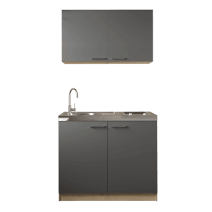 Respekta Miniküche Merle 100 cm Grau mit Spüle, Kochfeld und Oberschränken.