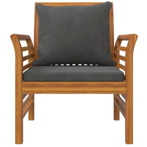 Gartensessel Set: 2 Akazienholz Sessel mit dunkelgrauen Kissen für den Garten.