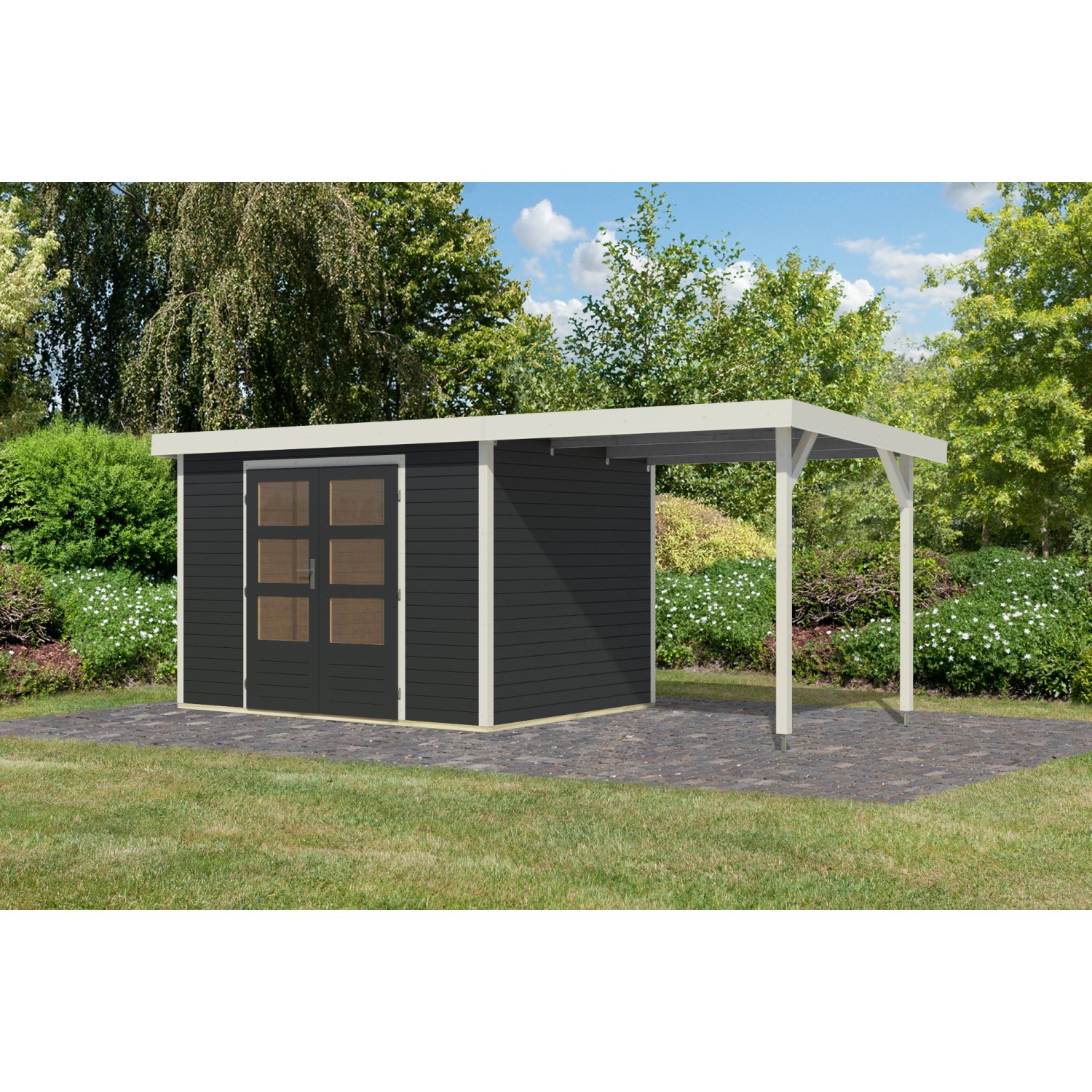 Karibu Gartenhaus Ernesto 4 C m. Anbaudach Anthrazit/Weiß 209 x 298 x 213 c günstig online kaufen