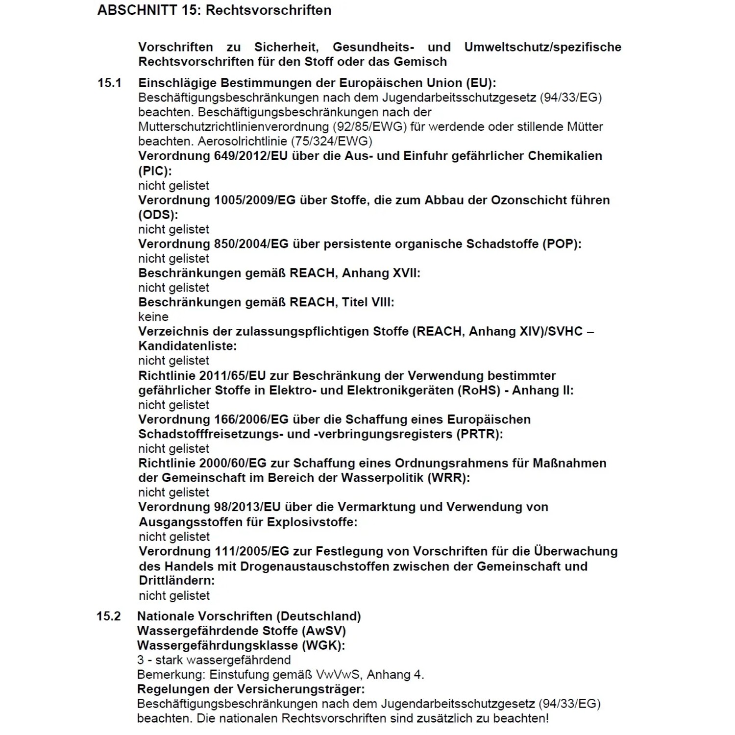 Auszug aus Sicherheitsdatenblatt: Abschnitt 15, Rechtsvorschriften.