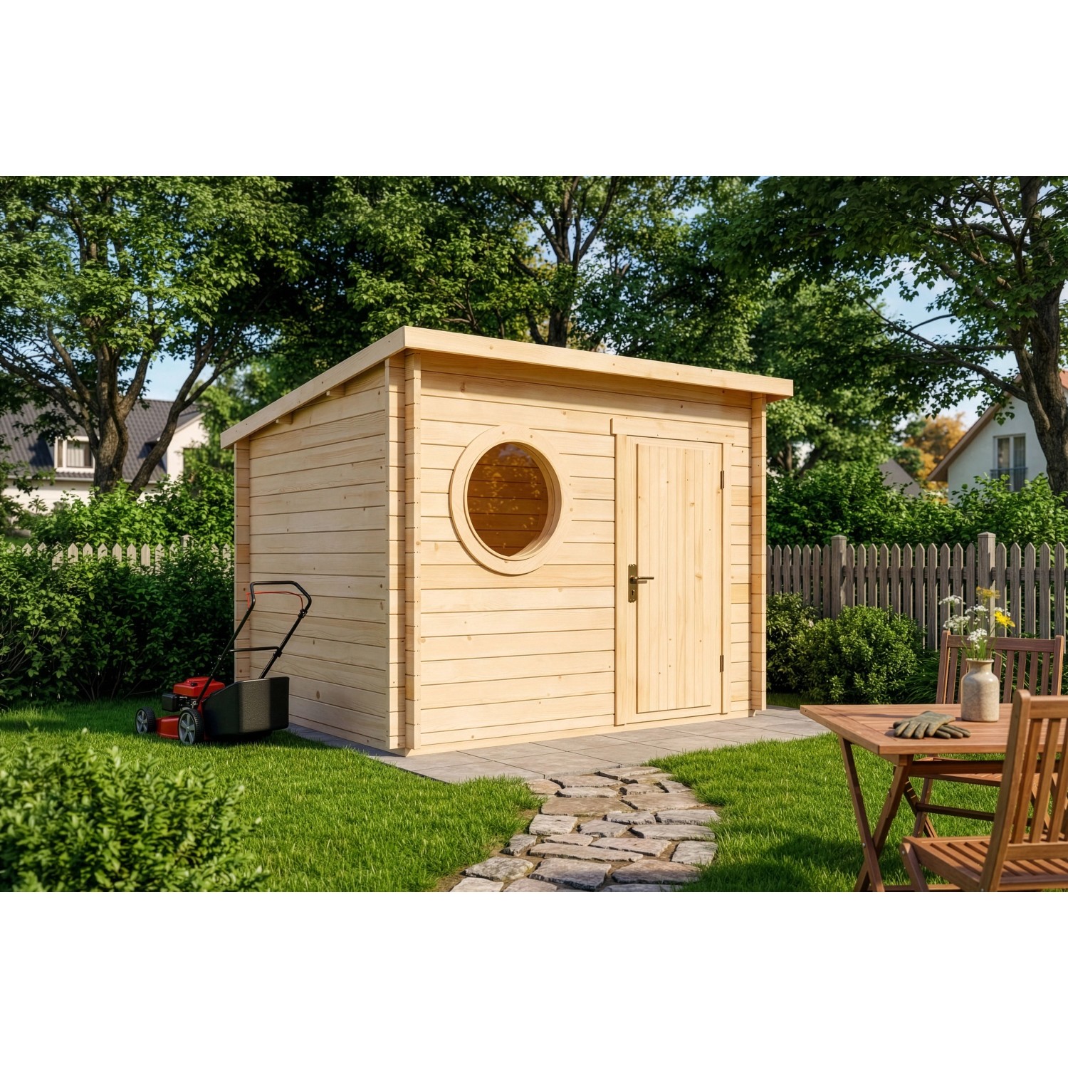 Alpholz Holz-Gartenhaus Maria Rondo A 300x270cm in Naturbelassen 34mm Wandstärke