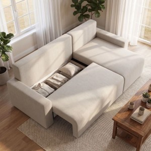 Beiges L-förmiges Schlafsofa mit ausziehbarer Chaiselongue und offenem Stauraum für Decken und Kissen.