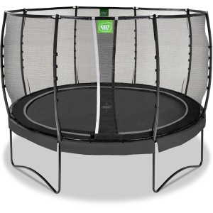 Schwarzes EXIT Allure Premium Trampolin Ø 366 cm mit Sicherheitsnetz.