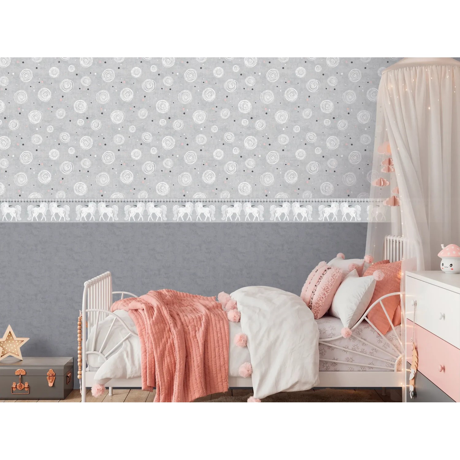 Kinderzimmer mit A.S. Creation Vlies-Bordüre Einhorn in Grau, Rosa, Weiß.