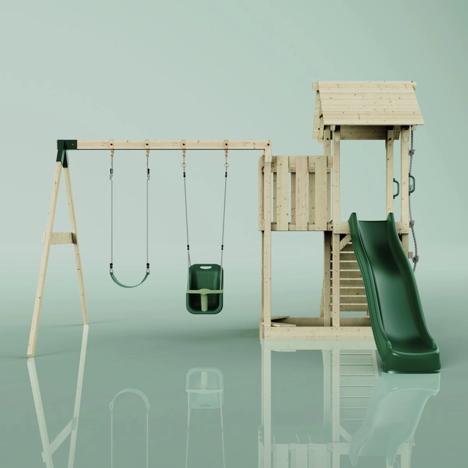 PolarPlay Spielturm Uppsala mit Schaukel, Babyschaukel, Kletterwand und grüner Rutsche.
