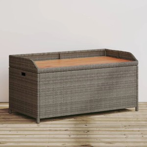 Graue vidaXL Bank mit Stauraum aus Rattan und Akazienholz, 100x50x52 cm.