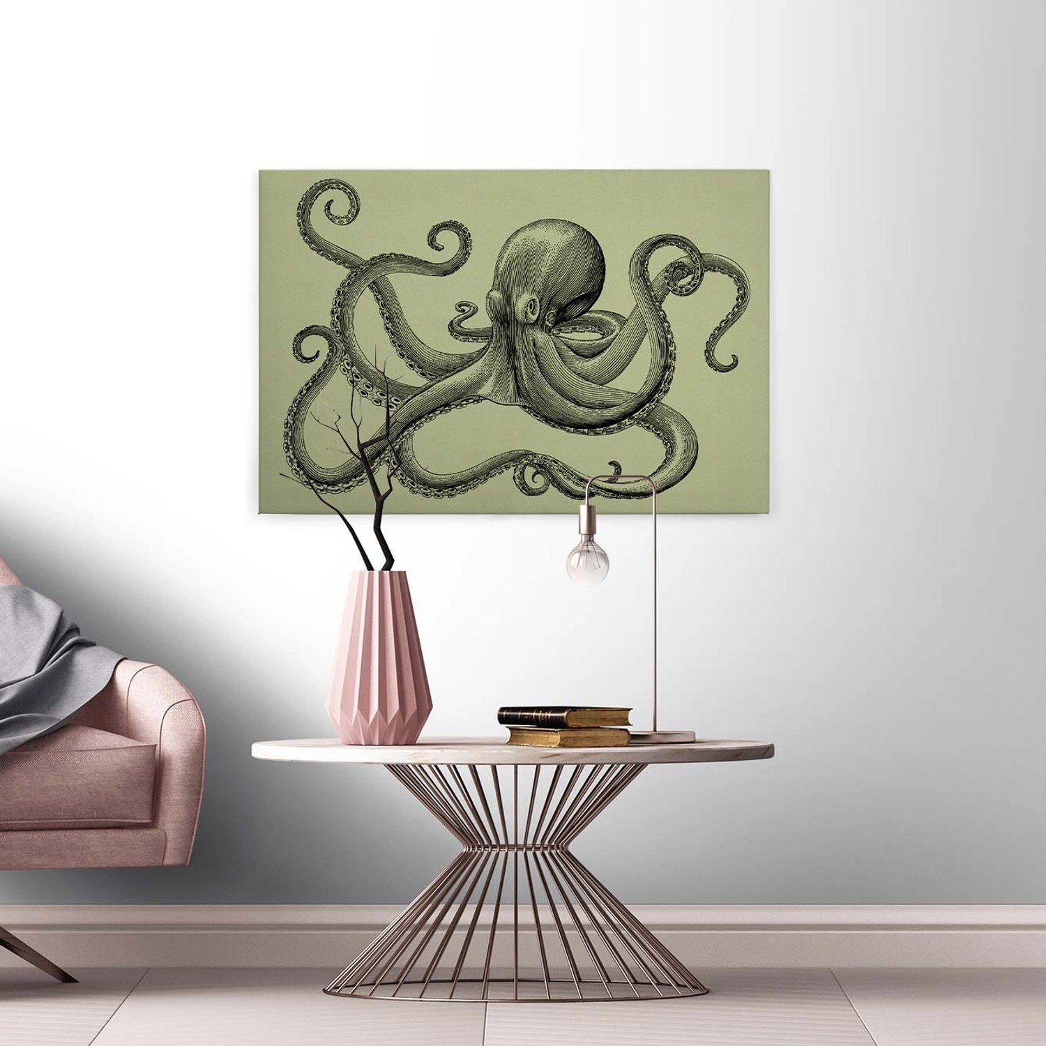 Bricoflor Tintenfisch Bild Auf Leinwand Hellgrün Und Schwarz Modernes Leinwand Bild Mit Oktopus Gezeichnet Kraken Wandbi
