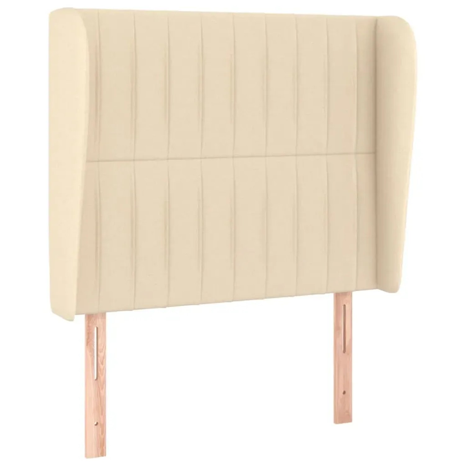 Cremefarbenes Boxspringbett Kopfteil mit Stoffbezug, Ohrenbacken und Holzfüßen.