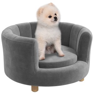 Graues PawHut Hundesofa aus Polyester mit kleinem, weißen Hund. Gemütliches Hundebett mit Rückenlehne.